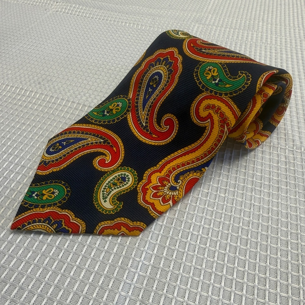 Vtg CG Mens Paisley Tie Navy Blue Multicolored Crepe de Chine Hand Made Necktie